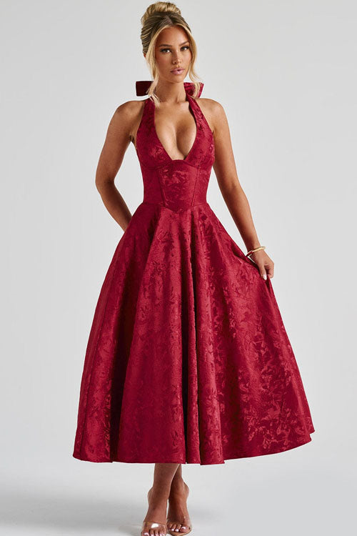 Jacquard A-line tea-length cocktail dress for women, elegant halterneck for special events.