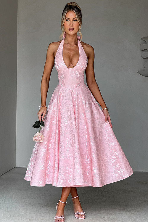 Women's prom dress, tea-length jacquard A-line with sophisticated halterneck style.