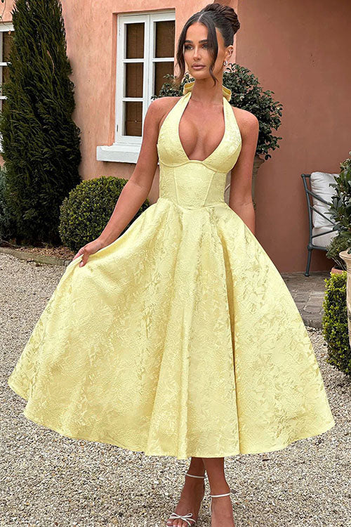 Beautiful jacquard halterneck tea-length dress, perfect A-line silhouette for homecoming.