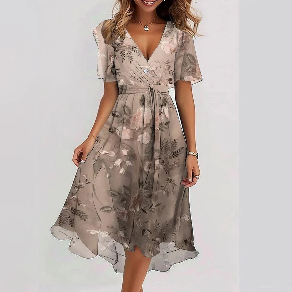 Soft, flowy women's midi dress with a vibrant abstract print, ideal for a stylish summer outfit.