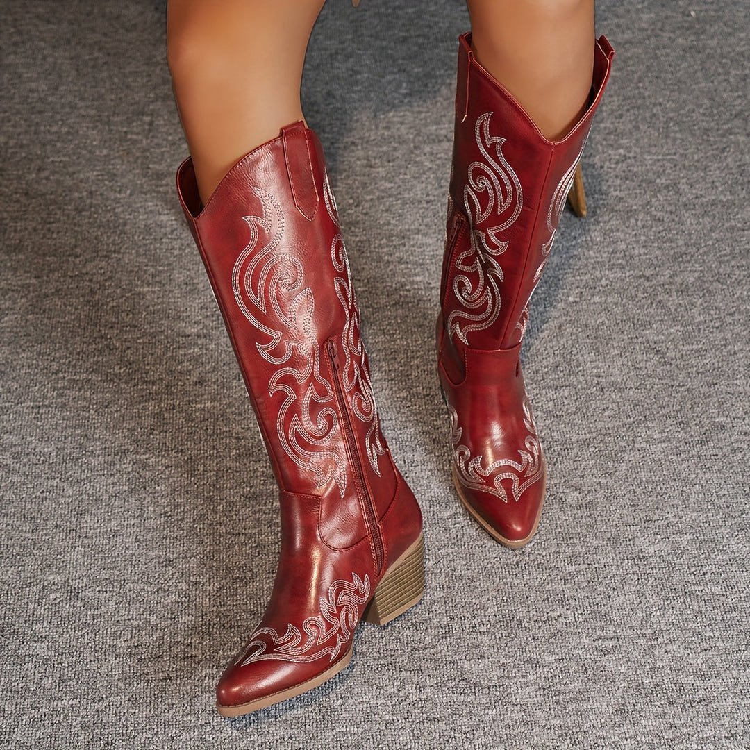Classic women's knee-high cowboy boots with durable block heel & pointed toe.