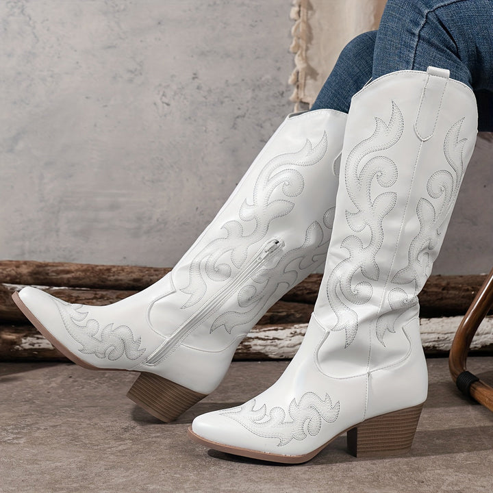 Women's knee-high block heel boots, classic cowboy boot design with embroidery.