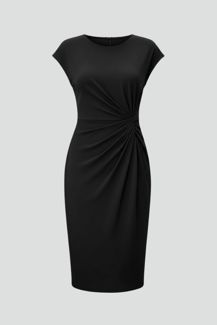 Women's knee-length dress with round neck & ruched waist. Elegant, versatile day-to-night workwear.