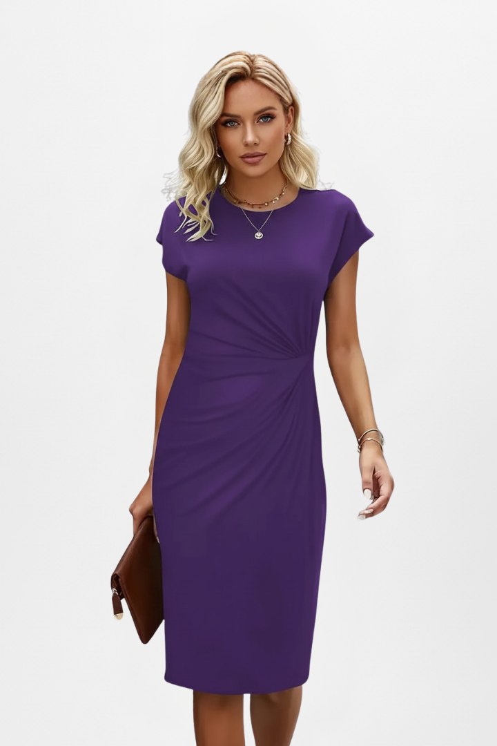 Fitted women's knee-length dress, round neck, ruched waist. A chic and comfortable choice for office or occasions.
