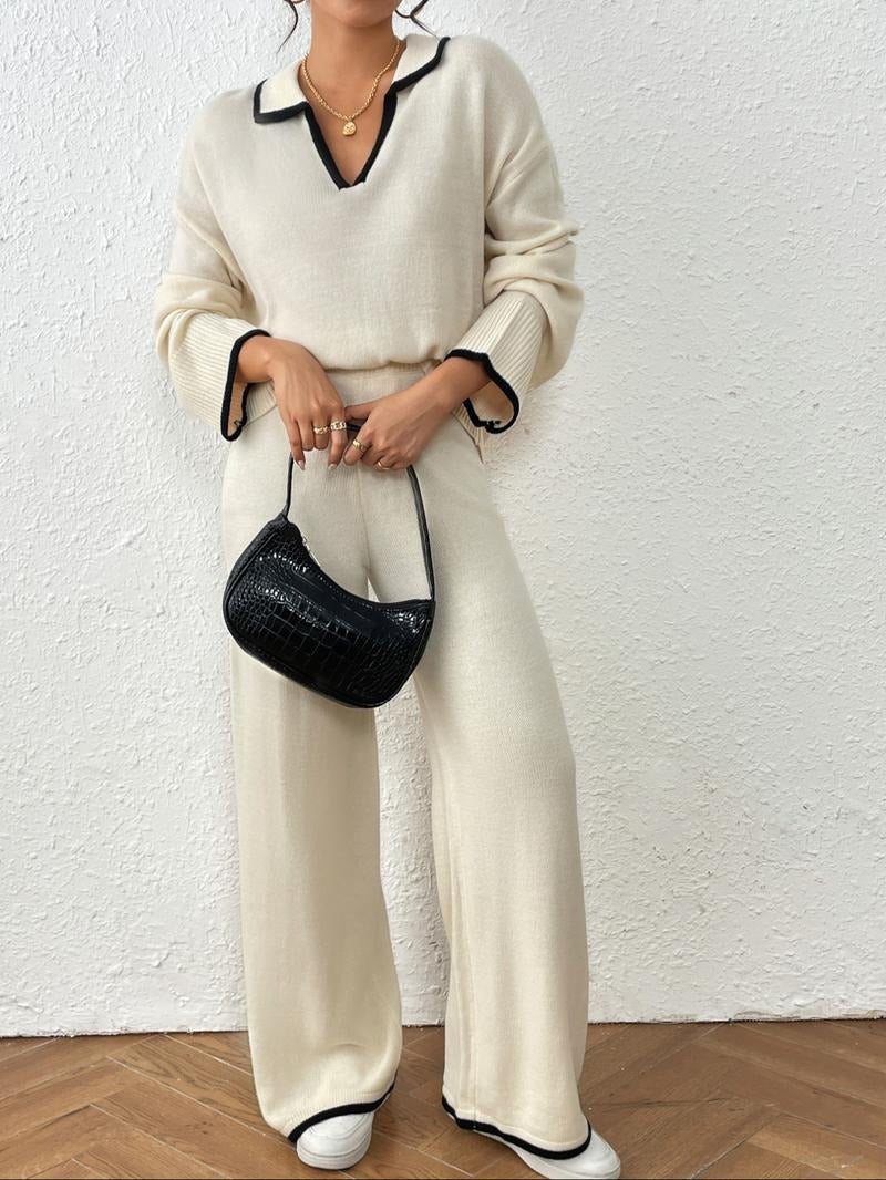 Stylish women's knit two-piece lounge set with a wide-leg pant, ideal for relaxing
