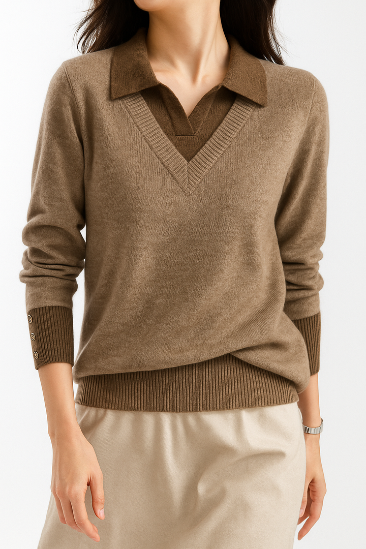 Women's layered knit pullover top, cashmere blend for elegant comfort, close-up of knit texture