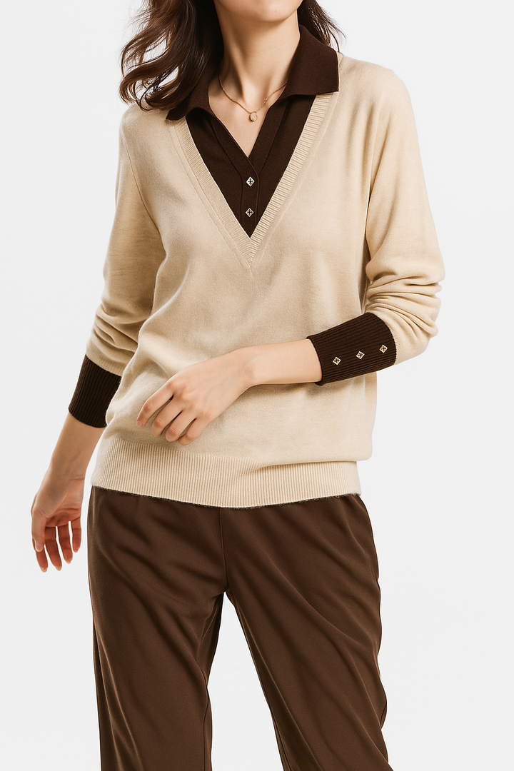 Cashmere blend layered knit top for women, front view, demonstrating its flattering fit