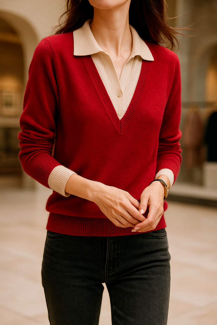 Sophisticated women's apparel: layered knit pullover, focusing on craftsmanship and quality