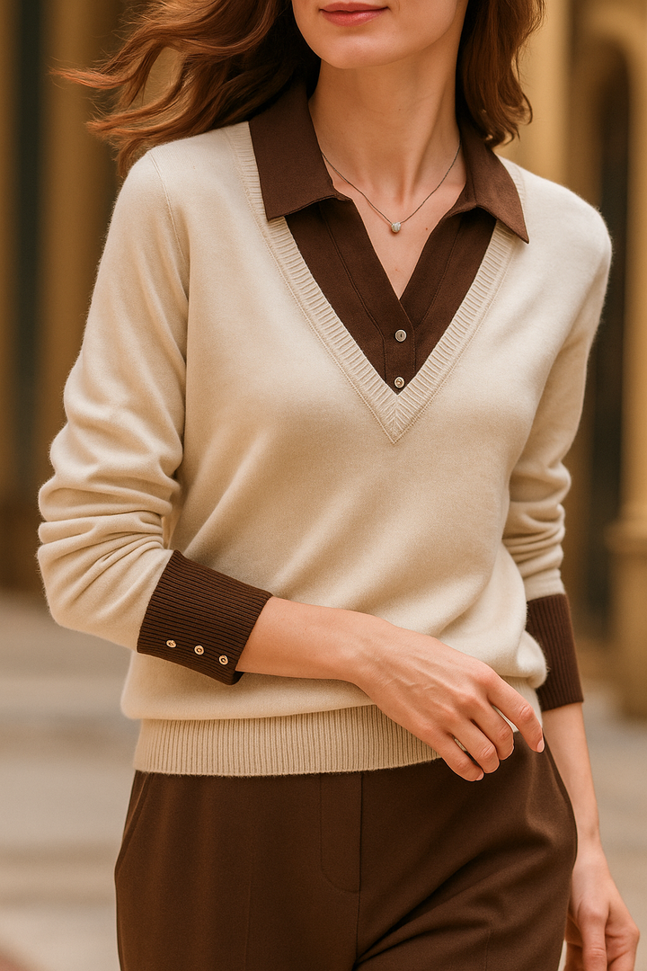 Close-up of the layered detail on a women's cashmere blend knit pullover top