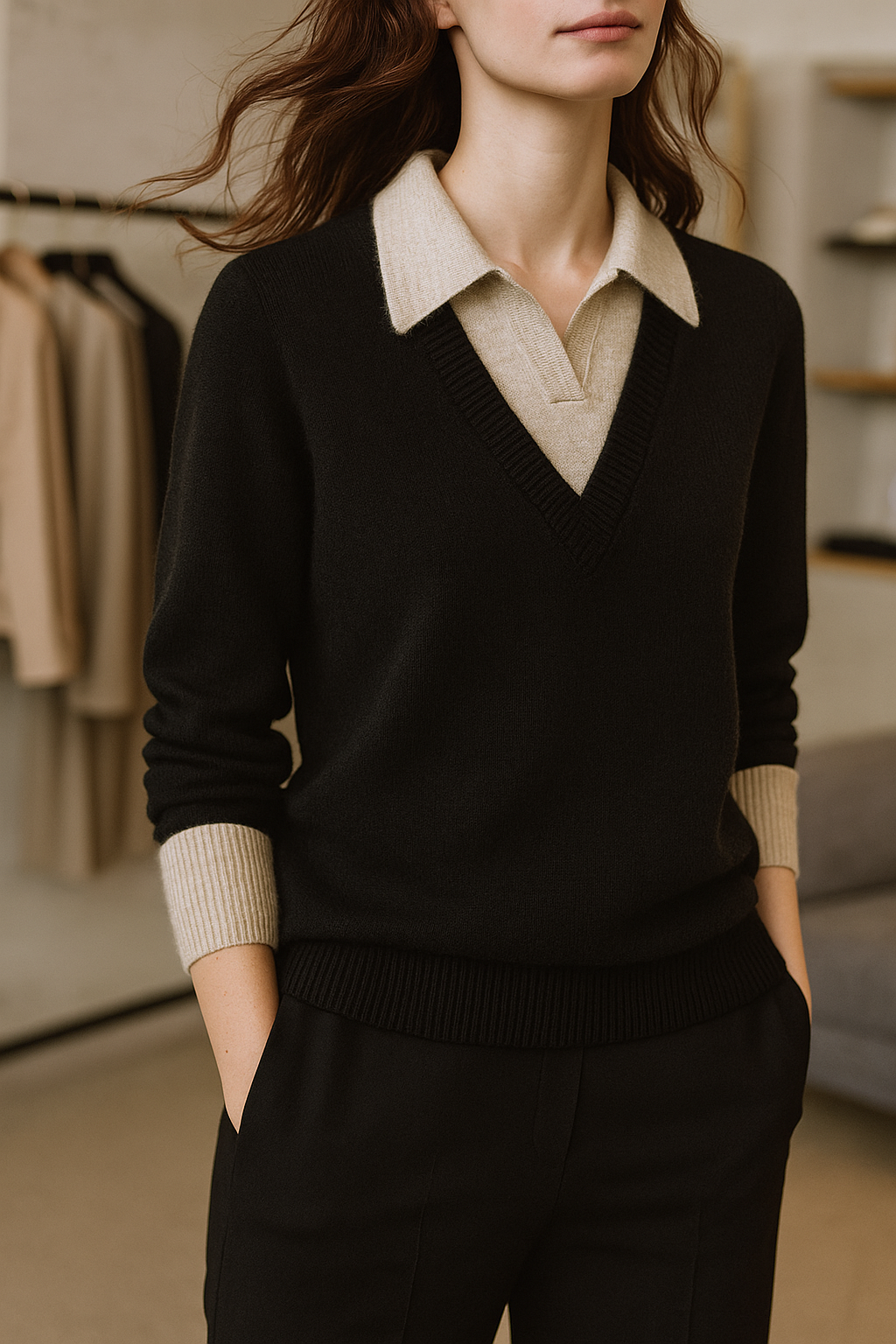 Full view of a women's layered knit pullover, emphasizing its relaxed and elegant fit