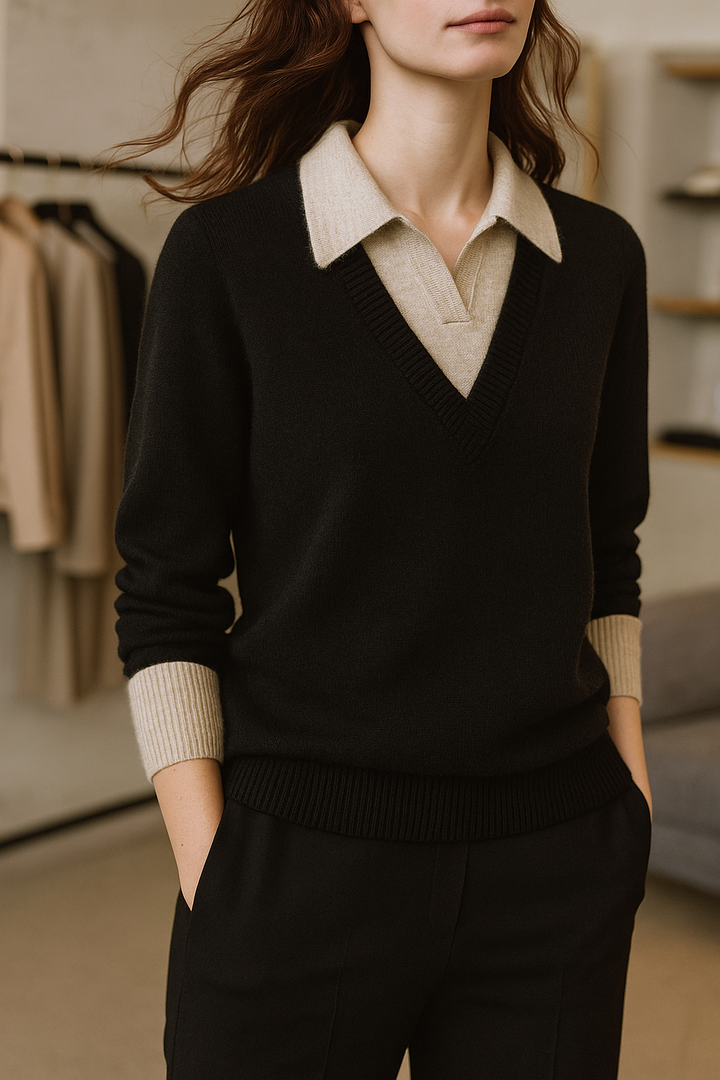 Full view of a women's layered knit pullover, emphasizing its relaxed and elegant fit