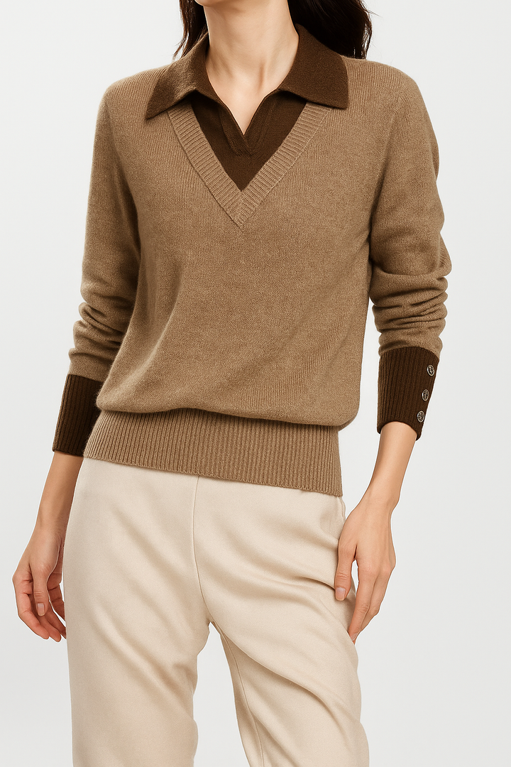 Long sleeve layered knit pullover for women, emphasizing the quality cashmere blend fabric
