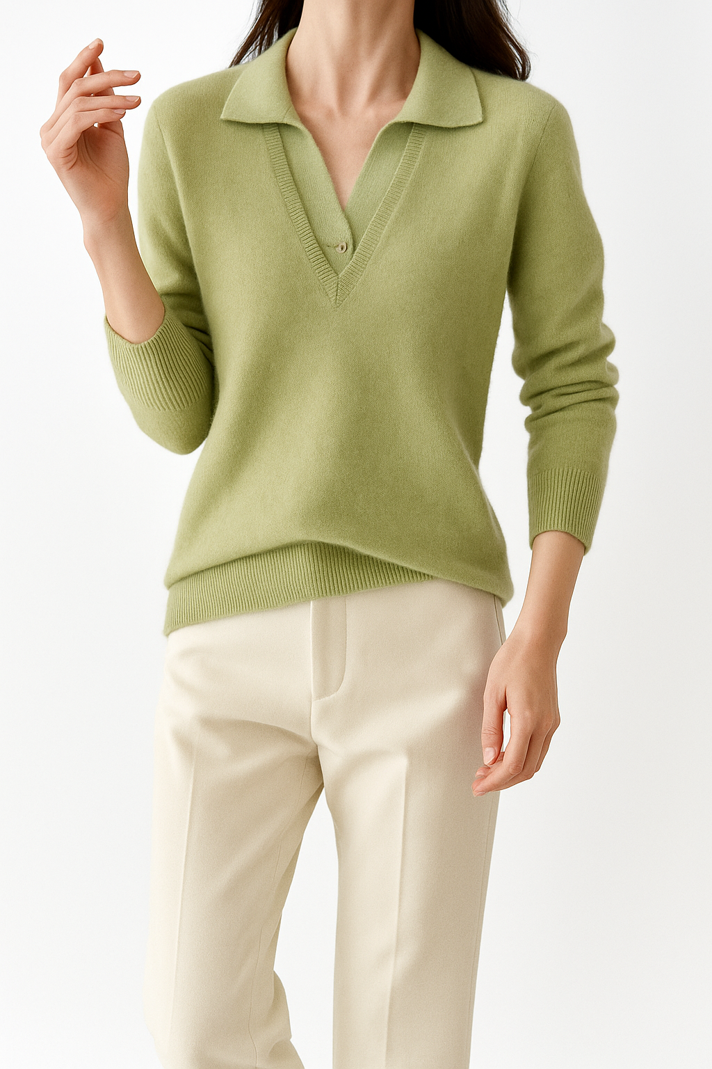 Women's apparel: layered knit pullover top, highlighting the soft luxurious texture
