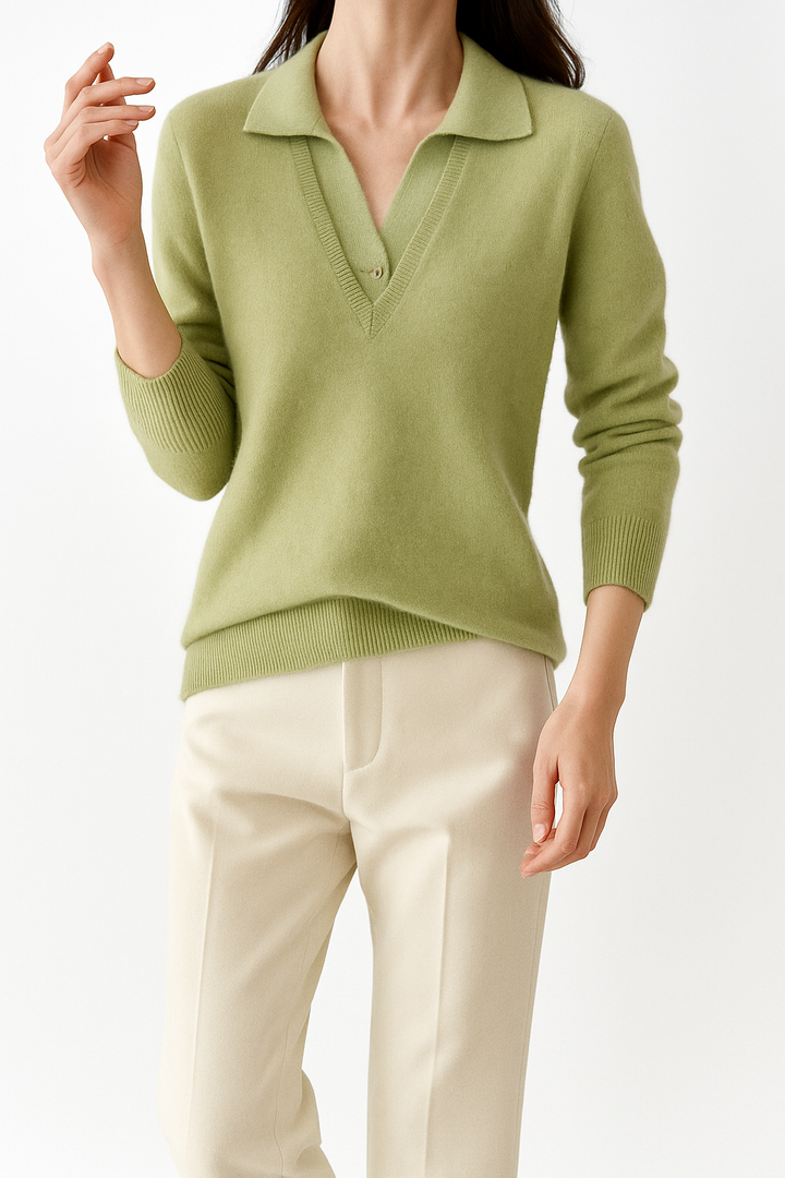 Women's apparel: layered knit pullover top, highlighting the soft luxurious texture