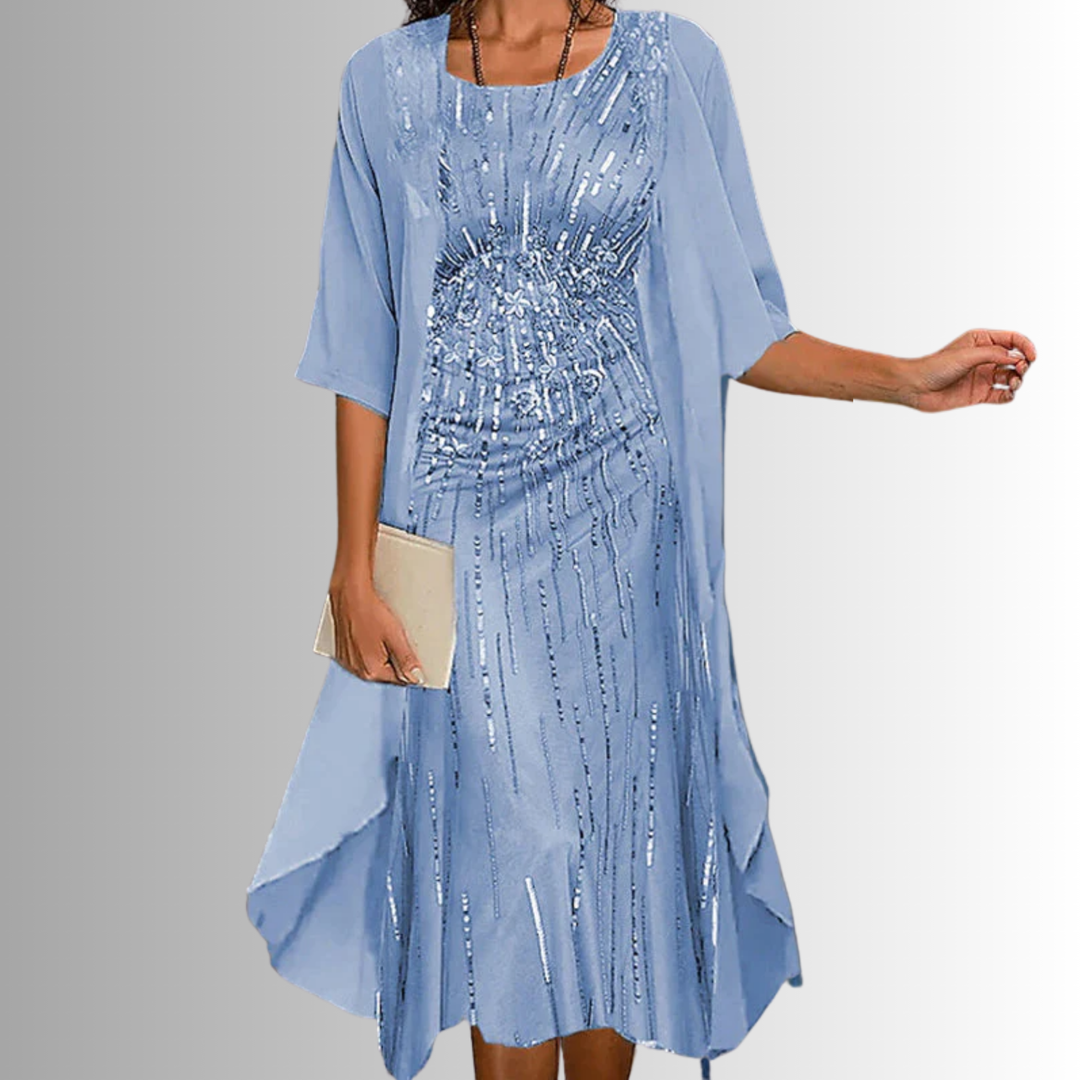 Women's midi dress featuring layered open front, vibrant print, 3/4 sleeves, and a comfortable round neck.