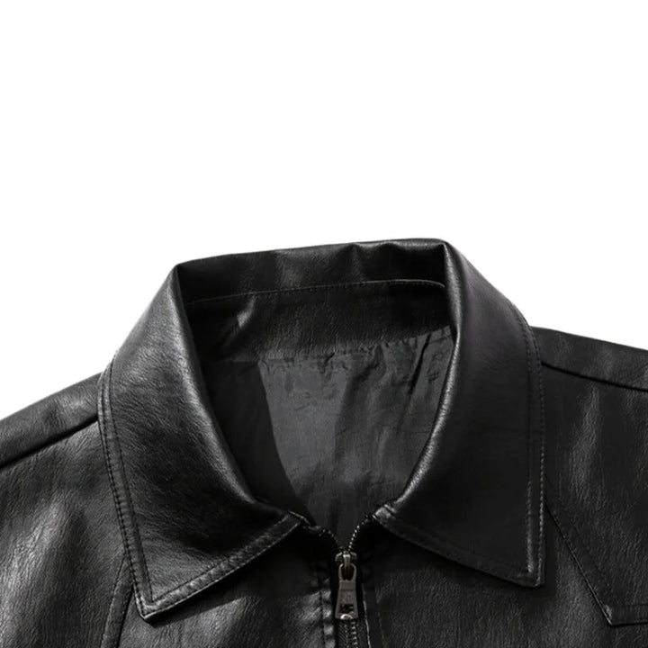 Stylish women's jacket: light green faux leather moto, featuring zippered pockets and collar