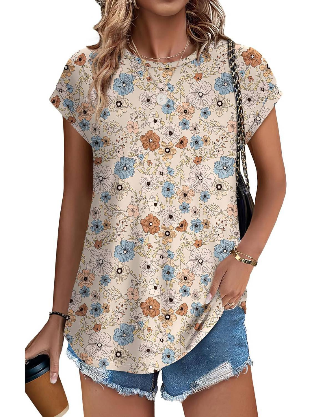 Soft, lightweight women's cap sleeve top with a refreshing botanical leaf print. Ideal for warm weather.