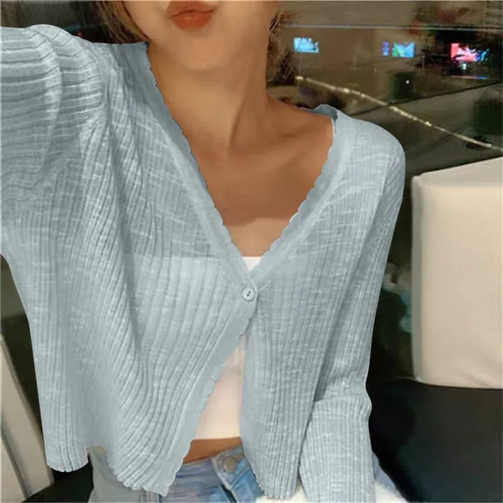 Women's lightweight cropped button cardigan with v-neck and long sleeves for everyday wear.