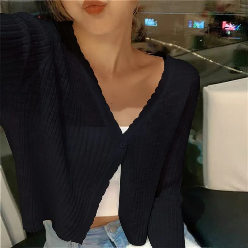 Women's v-neck cropped cardigan, lightweight long sleeve, ideal for casual chic fashion.