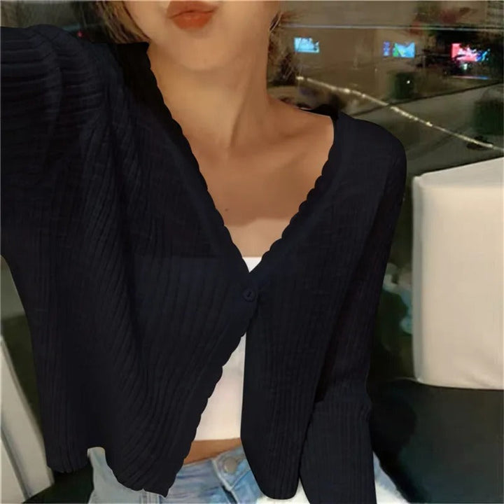 Women's v-neck cropped cardigan, lightweight long sleeve, ideal for casual chic fashion.