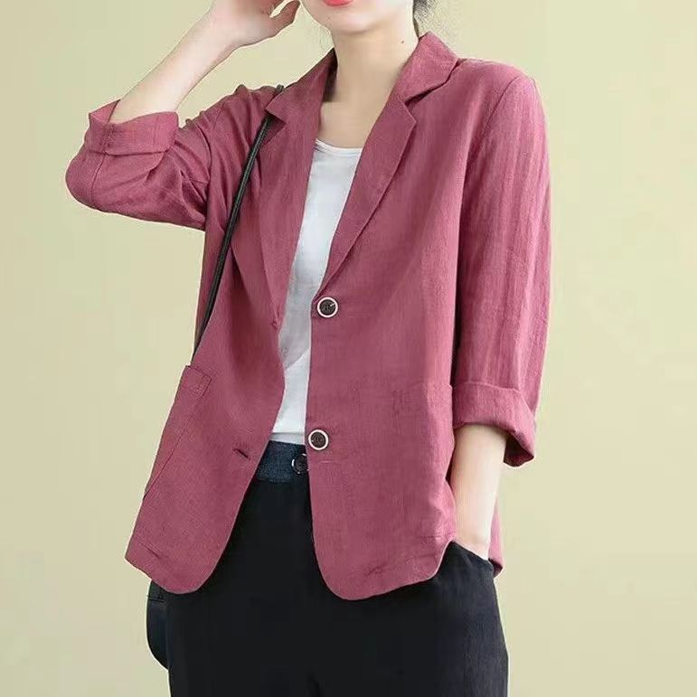 Modern women's lightweight linen jacket. Tailored blazer with pockets for comfortable everyday style & spring outerwear.