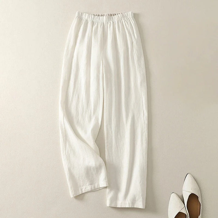 Lightweight women's linen blend pants featuring a straight leg and elastic waist for comfort