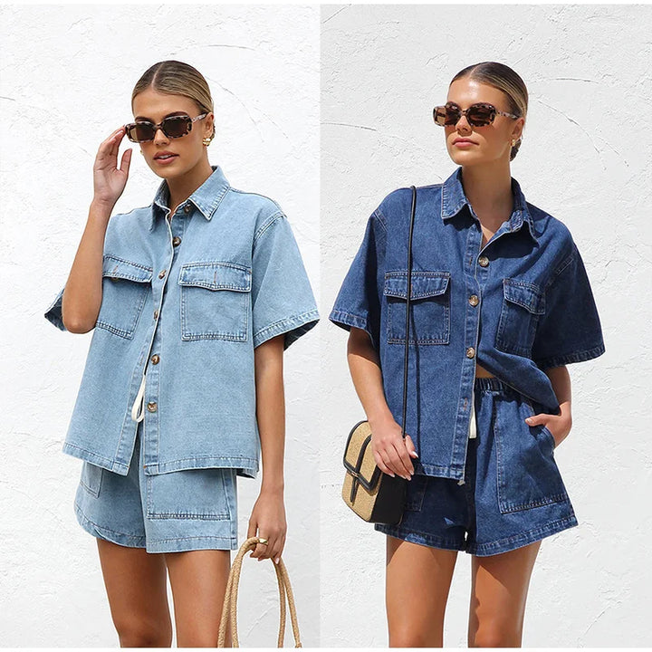 Flat lay of the women's organic cotton denim two-piece set, emphasizing its comfort and versatility