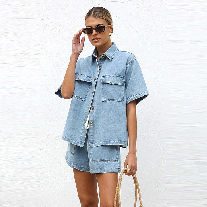 Woman posing in a stylish organic cotton denim two-piece set, ideal for summer outfits