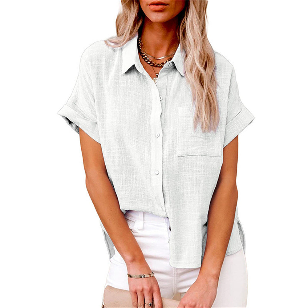 Everyday women's summer blouse: lightweight, comfortable, short sleeves, & a handy front pocket for casual looks.