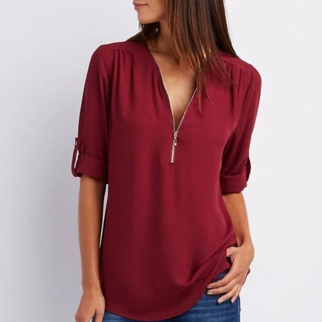 Stylish & comfortable women's lightweight V-neck blouse with roll-sleeves. Great for everyday or spring fashion.