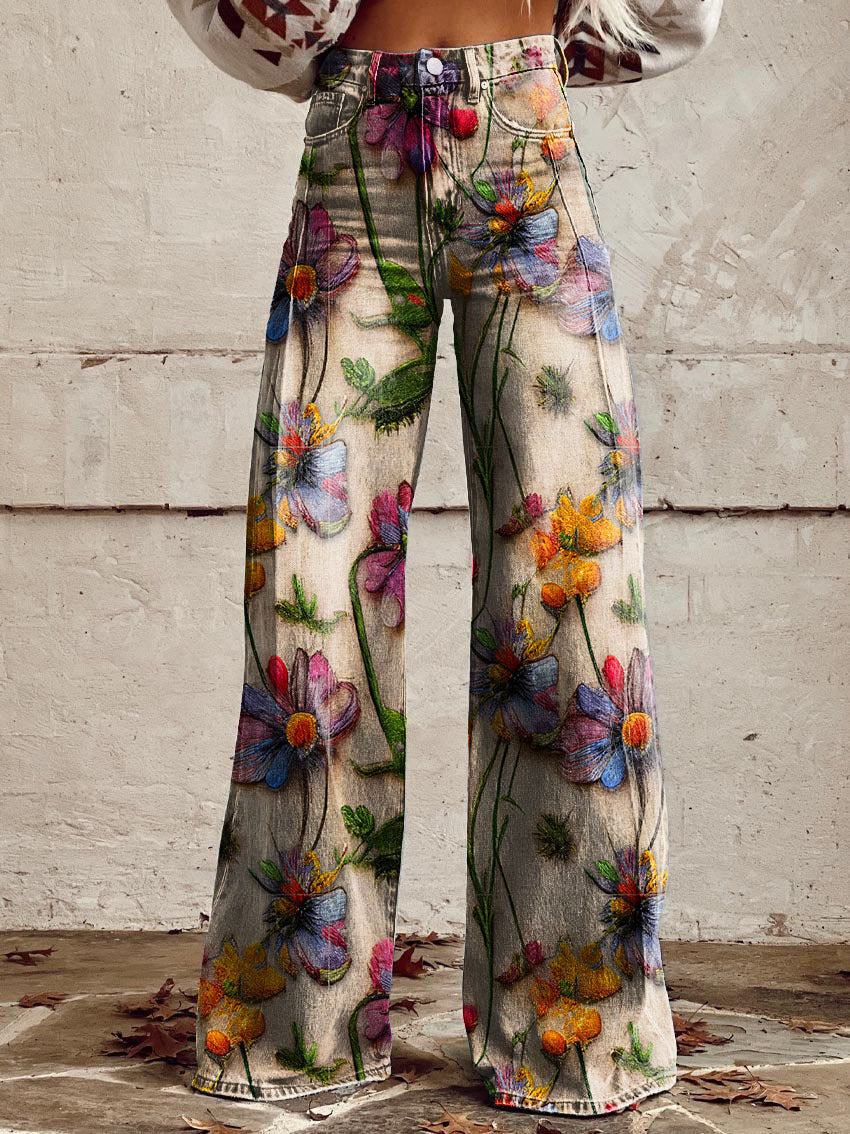 Floral patterned baggy jeans for women, loose fit and vibrant summer style.