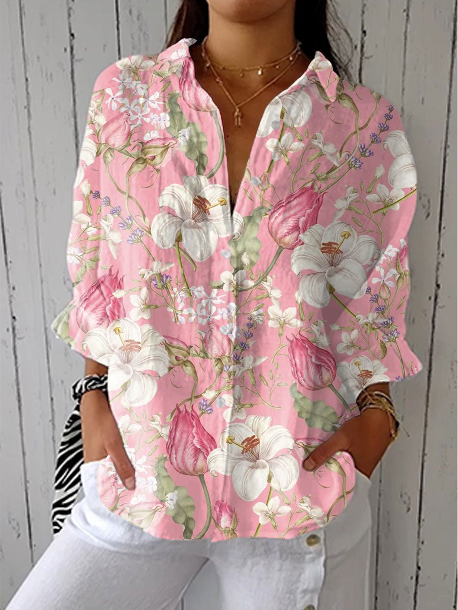 Women's long sleeve V-neck button-front blouse with botanical print. Casual, relaxed fit for everyday spring/summer style.