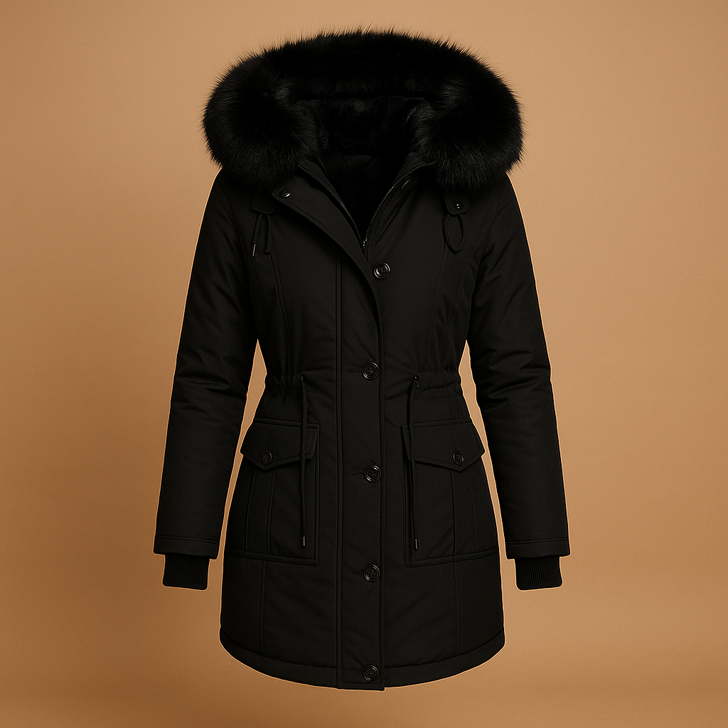 Stylish women's long waterproof winter coat, insulated with a cozy fur hood for ultimate warmth and comfort.