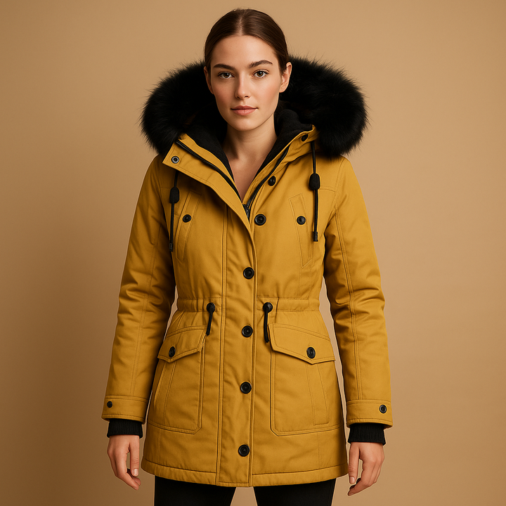 Women's elegant long waterproof winter coat. Insulated and warm with a stylish fur hood. Ideal for outerwear.