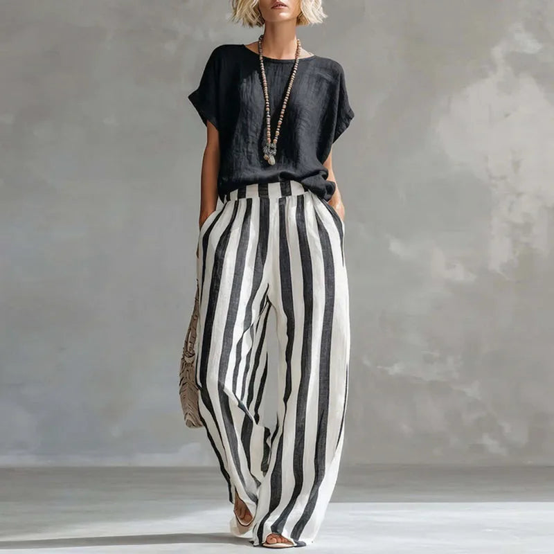 Breathable cotton-linen striped summer set for women, featuring a relaxed fit for casual wear.
