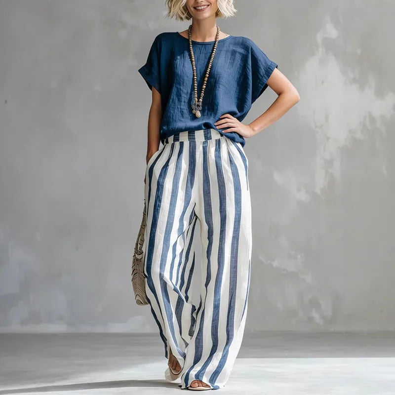 Women's casual striped cotton-linen two-piece set, featuring a loose top and wide-leg pants for summer.
