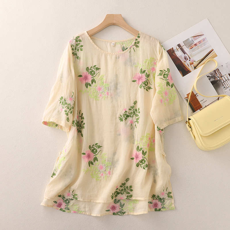 Breathable short sleeve women's floral embroidered top, perfect comfort fit for summer fashion