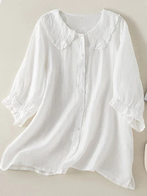 Women's loose fit shirt with elegant Peter Pan ruffle neck collar, perfect for casual summer fashion.