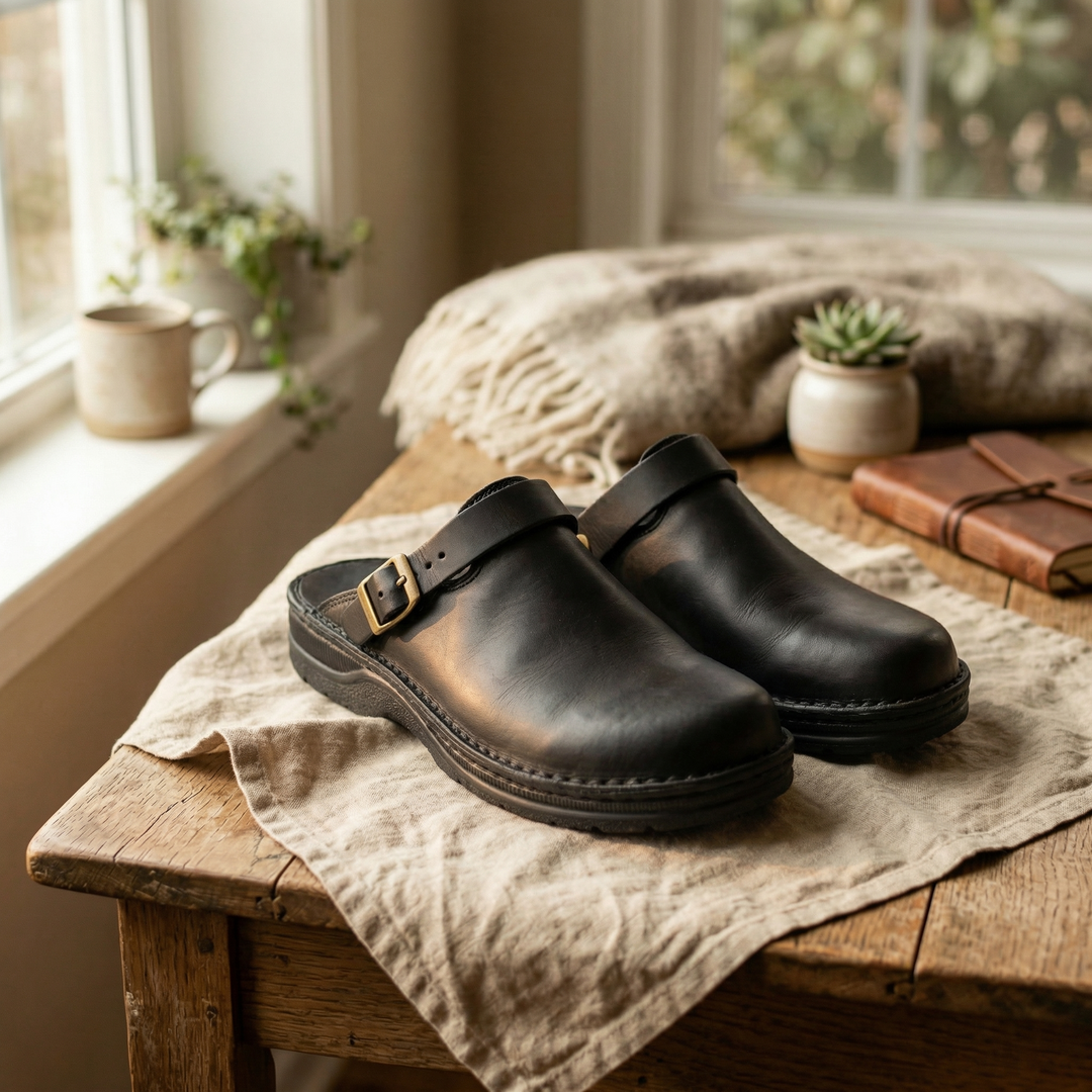 Black Lucca women's slip-on clogs for effortless wear. Comfortable, minimalist footwear perfect for casual or work.