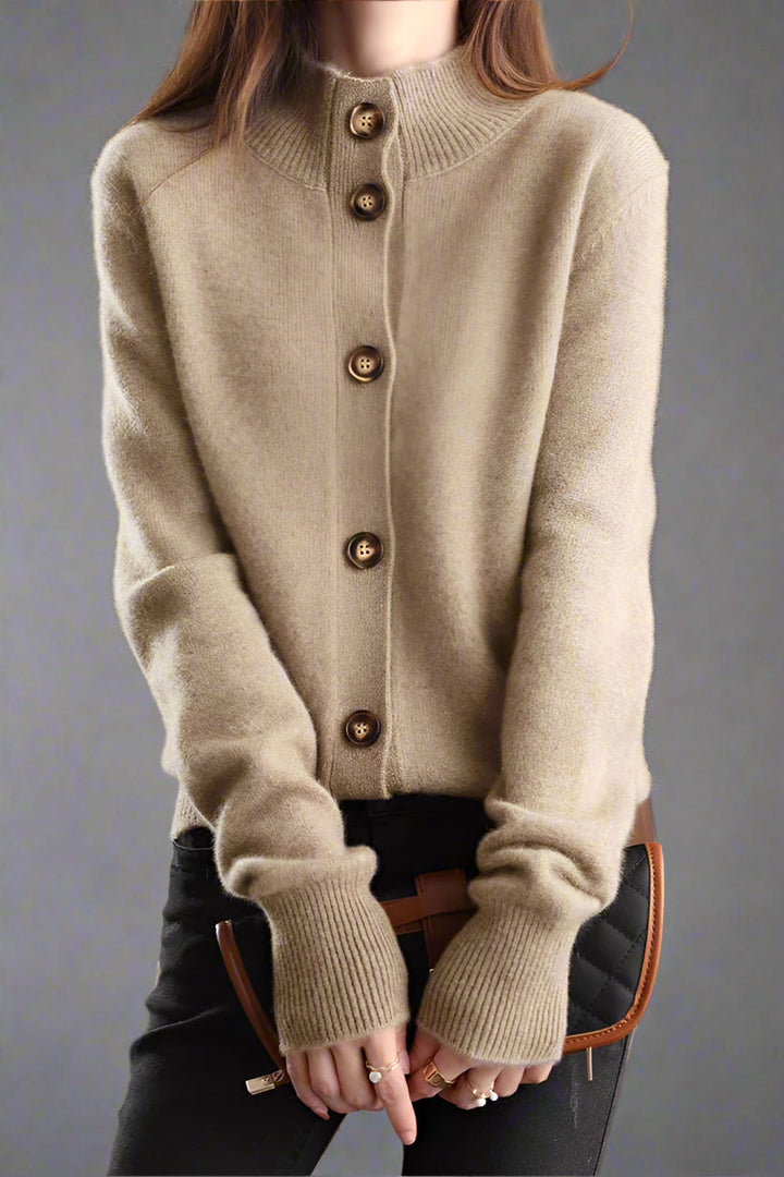 Elegant women's button-front cashmere blend cardigan, versatile layering piece