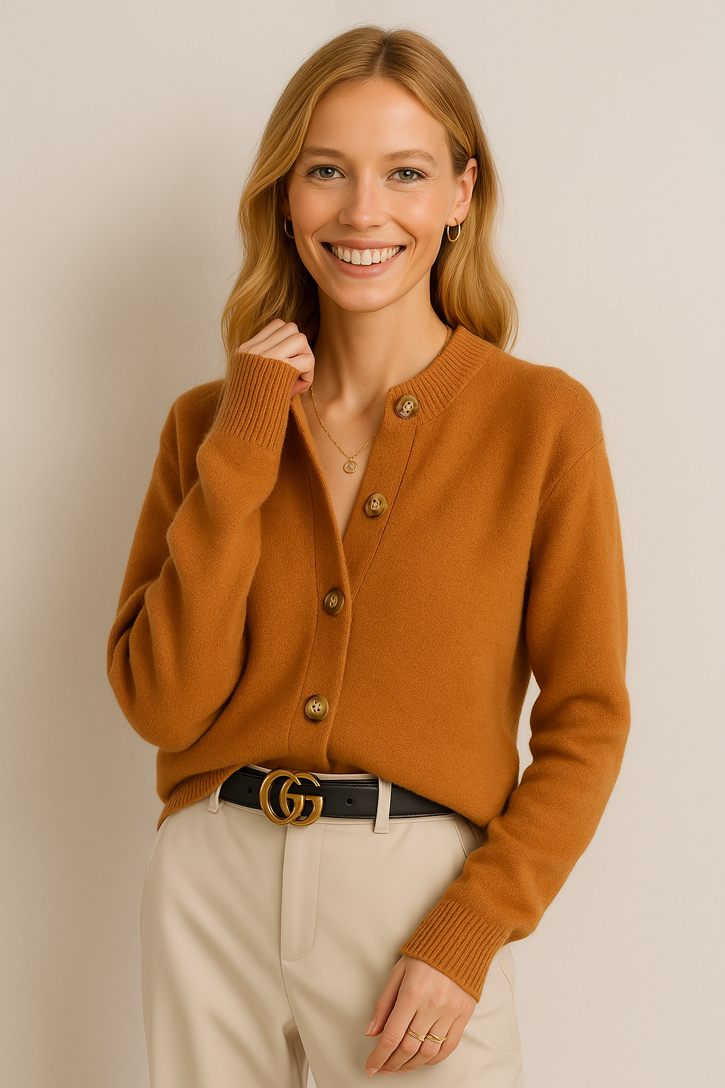 Back view of the women's cashmere blend knit cardigan, highlighting fit
