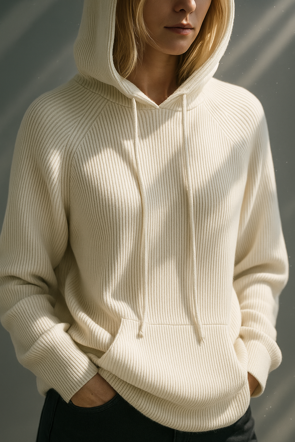 Lifestyle shot: Woman reading in the cozy Women's Luxe Relaxed Hoodie