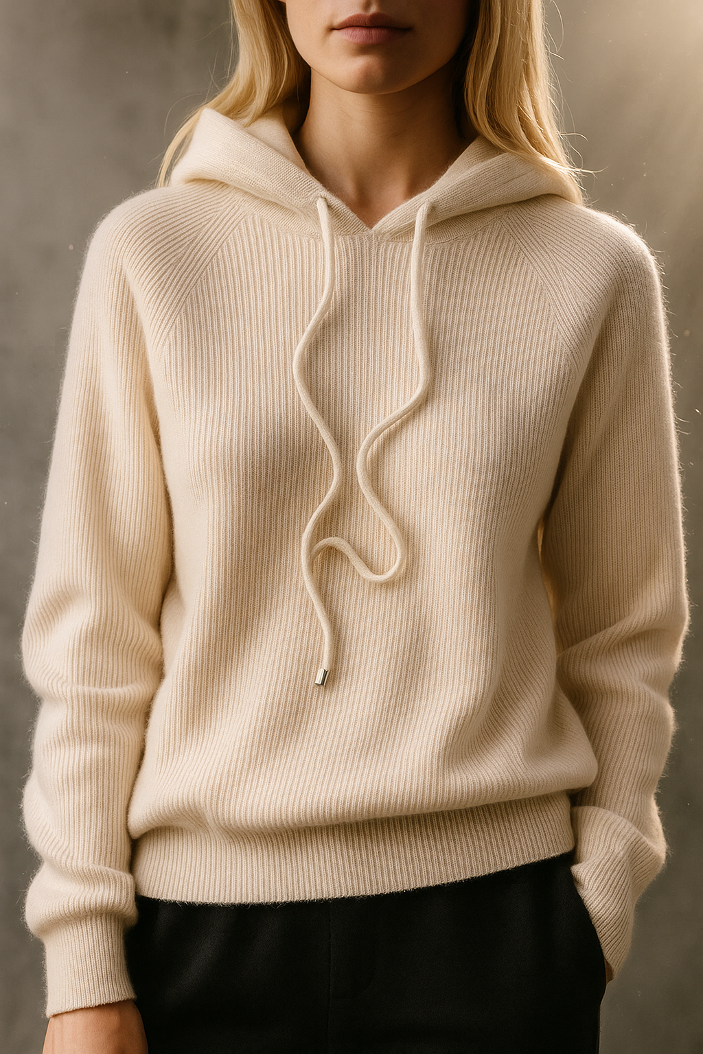 Close-up of the stitching details on the Women's Luxe Cashmere Blend Hoodie