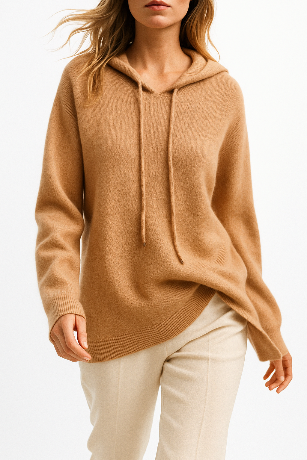 Woman wearing a Women's Luxe Cashmere Blend Relaxed Hoodie in a relaxed pose