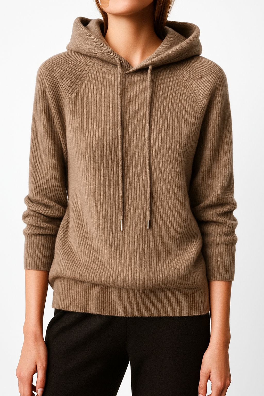 Back view of the Women's Luxe Cashmere Blend Relaxed Hoodie, showing relaxed fit