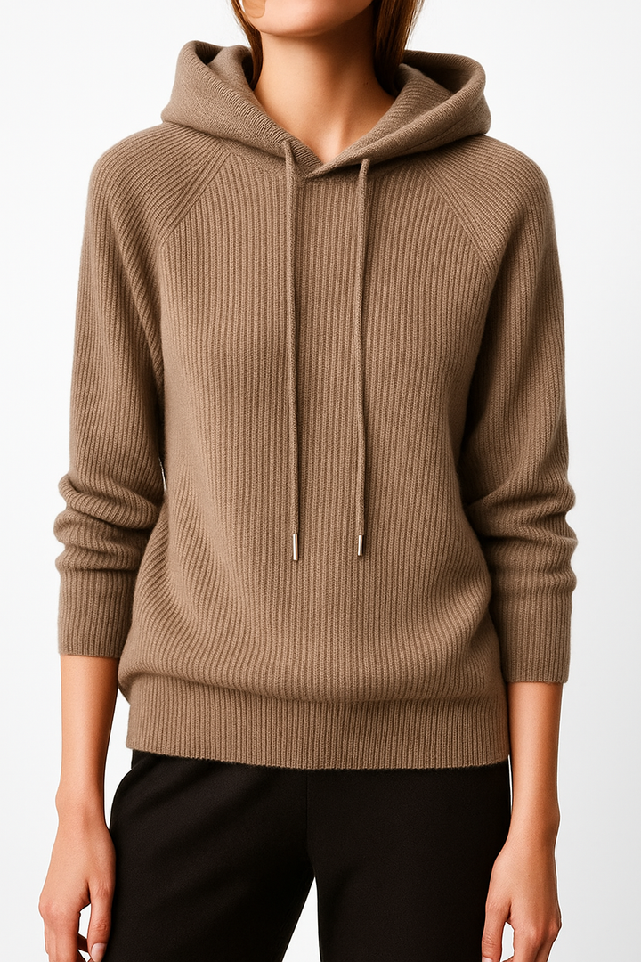 Back view of the Women's Luxe Cashmere Blend Relaxed Hoodie, showing relaxed fit