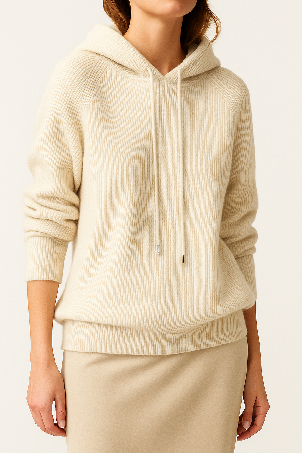 Model showcasing the comfortable drape of the Women's Luxe Relaxed Hoodie