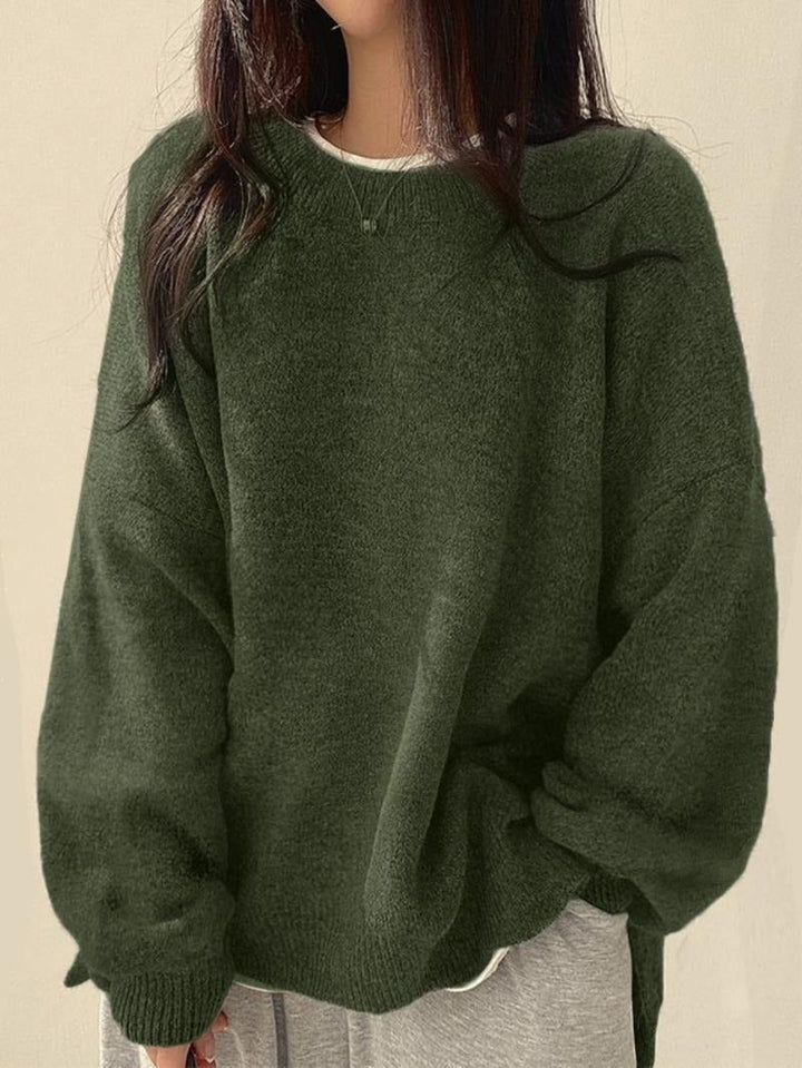 Detail of a women's luxe wool blend slouchy sweater, showcasing the soft texture and quality knit