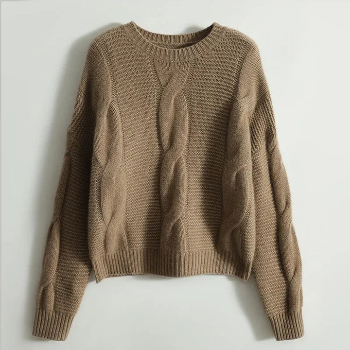Comfortable women's winter fashion: a chic cashmere blend cable knit pullover sweater in a versatile neutral shade