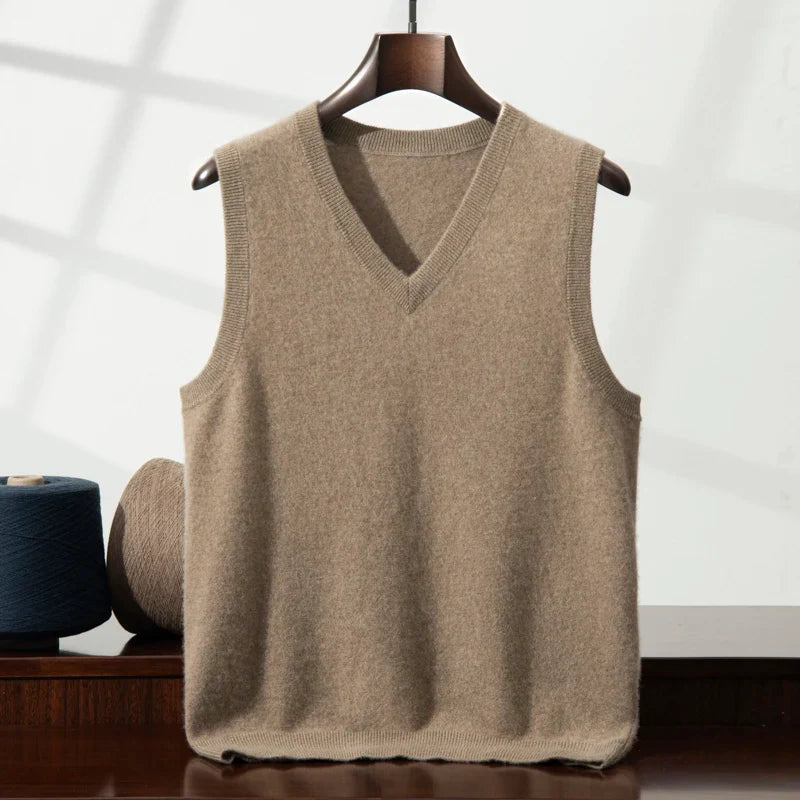 Classic women's V-neck cashmere vest, a versatile and soft knitwear layering piece.